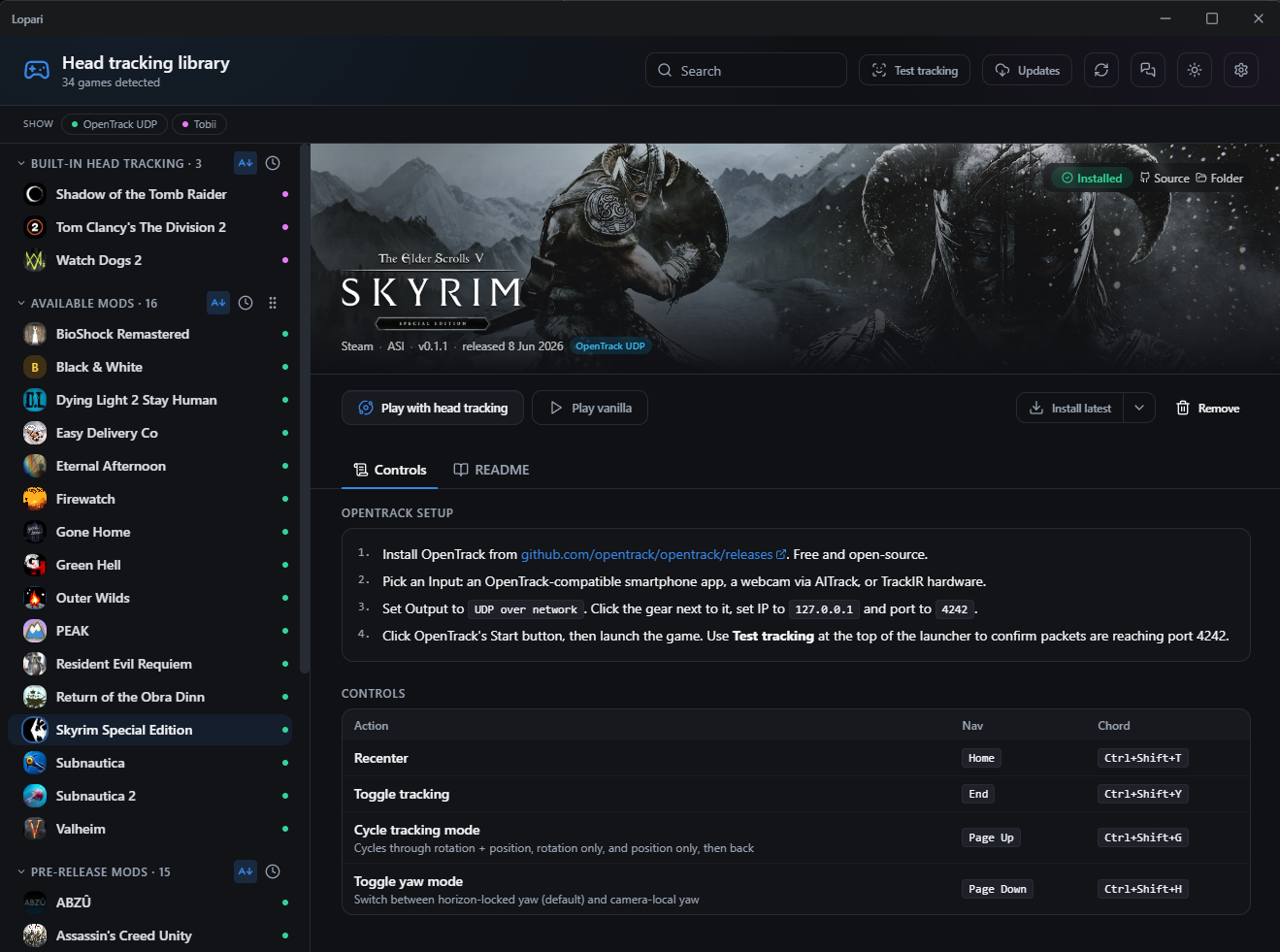 The Lopari launcher: a sidebar of detected head-tracking games with Skyrim selected, showing its head-tracking controls and setup.